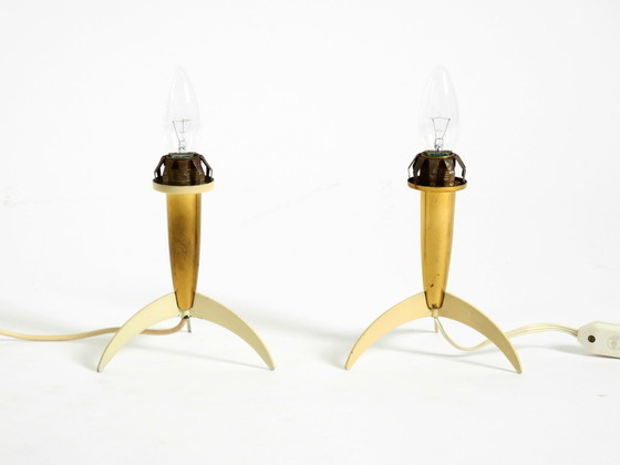 Image 1 of Two Mid-Century Modern rocket table lamps in brass and glass