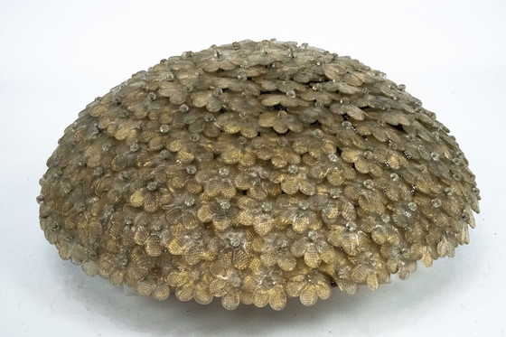 Image 1 of Lampe de plafond Seguso, très grande, à fleurs en verre de Murano doré, style milieu du siècle, Italie, années 1940