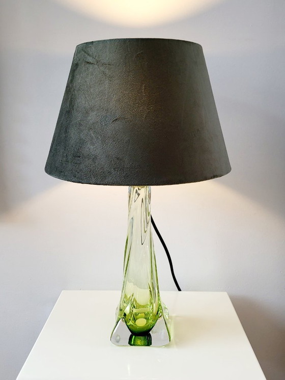 Image 1 of Val Saint Lambert crystal lamp turned base, green color, Belgium