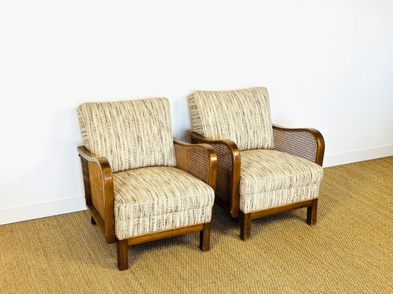 Image 1 of Vintage Art Deco woonkamerset van gebogen hout en riet, 1950, set van 3