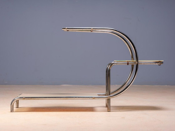 Vintage bloemenstandaard van Emile Guyot, Bauhaus verchroomd staal met gekleurd glas, midden 20e eeuw, (photo 4 of 6)