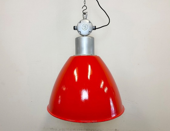 Image 1 of Large Red Painted Industrial Factory Lamp from Elektrosvit, 1960s