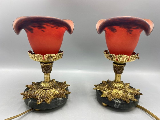 Image 1 of Set di 2 lampade da tavolo antiche in stile Art Nouveau - Vetro rosso