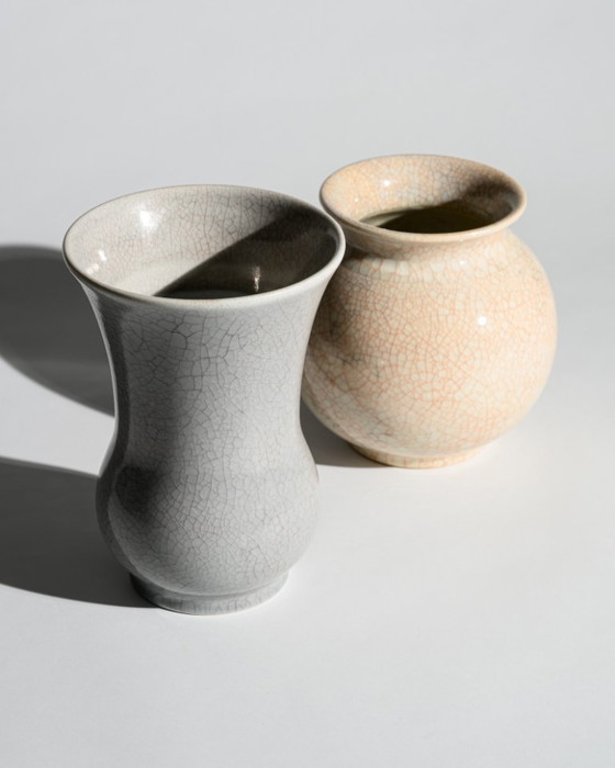 Image 1 of German Art Deco Crackle Glaze Ceramic Vase Duo Fürst Adolf Werkstätten Bückeburg