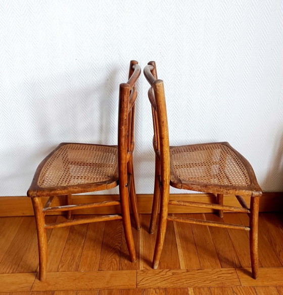 2x caned bistro chairs circa 1940, Dining chairs, Wood, Rattan, Brown, Vintage (photo 4 of 13)