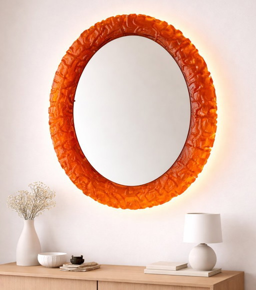 Large Mid-Century German Modern Oval Orange Acrylic Backlit Wall Mirror Light attributed to Hillebrand, 1970s