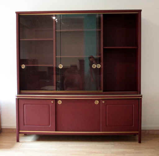 Sideboard or double-body bookcase covered in burgundy imitation leather by Umberto Mascagni, 1950s