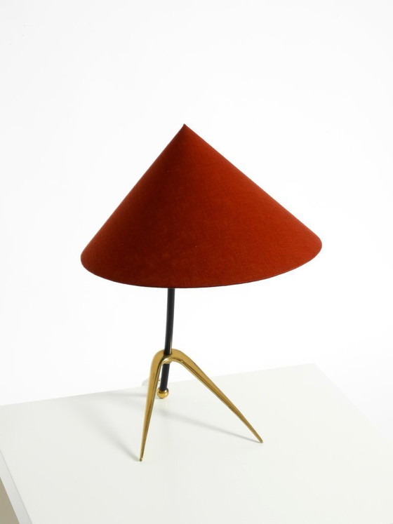 Image 1 of Beautiful, large, original Kalmar Mid-Century Modern tripod brass table lamp with a new fabric shade
