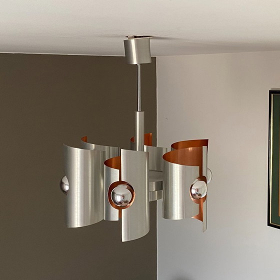 Image 1 of Polam Bielsko chandelier. 1970. Space age. Brushed stainless steel.