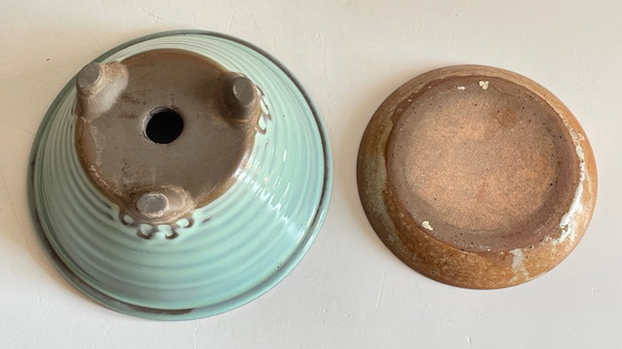 Image 1 of Vintage keramische driepoot pot en schotel
