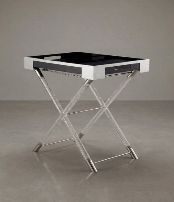 Image 1 of Mesa con bandeja de bambú y cromo estilo Lucite de Maison Jansen, años 70
