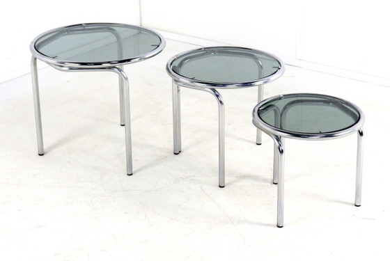 Image 1 of Italian round chrome nesting tables smoked glass vintage