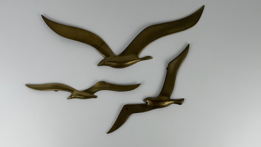 3 x vintage brass large wall birds bird's eye view