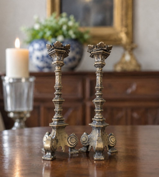 Set of 2 antique bronze/brass altar candlesticks – 19th century – Gothic Revival