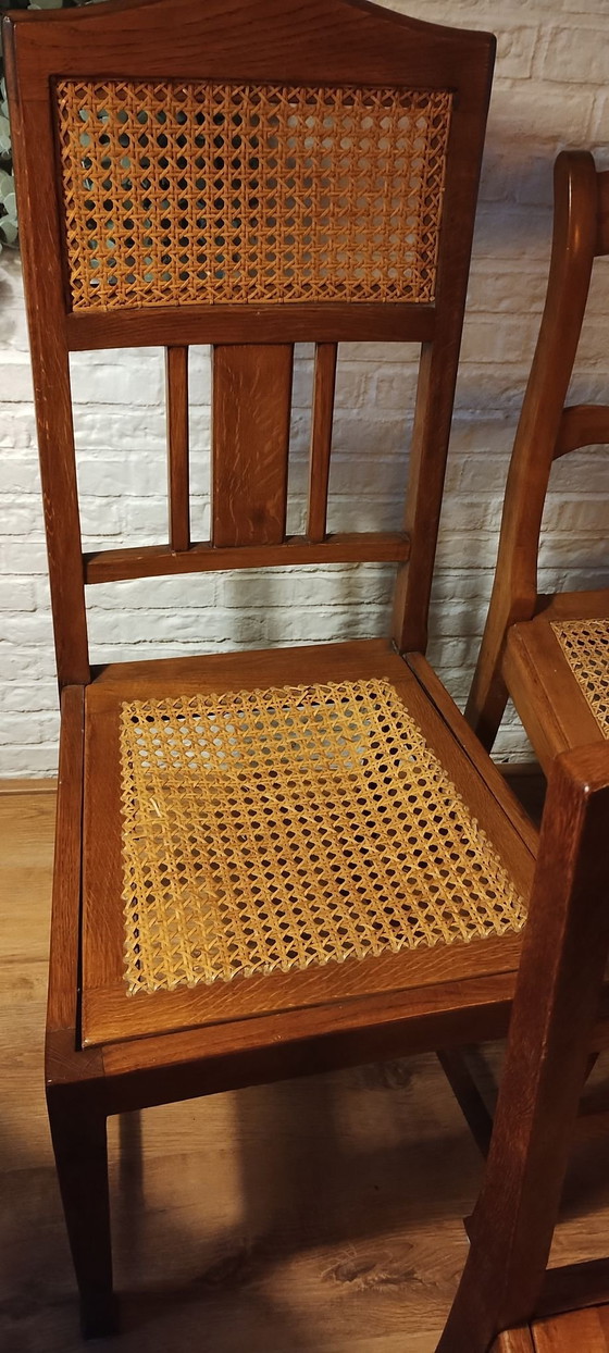 4 vintage eetkamerstoelen met webbing, Hout, Bruin (foto 7 van 13)