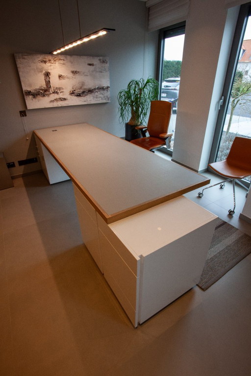 Designer desk, double workstation with integrated storage