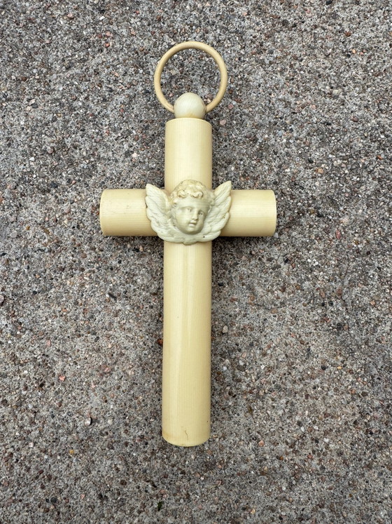 Antica croce da culla in celluloide, Decorazioni murali, Plastica, Crema (foto 3 di 13)