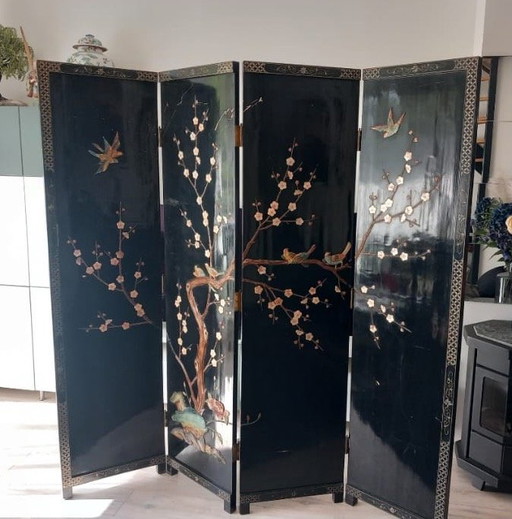Divisorio vintage per ambienti, laccato, con uccelli e fiori in madreperla – kamerschermen, Wood, Bloemen