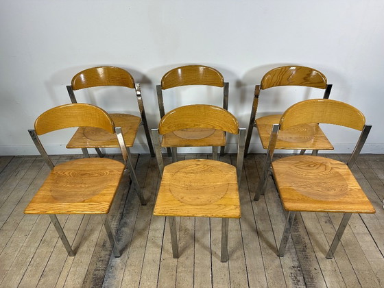 Image 1 of Ensemble Table + 6 chaises en orme et chrome vintage 1980
