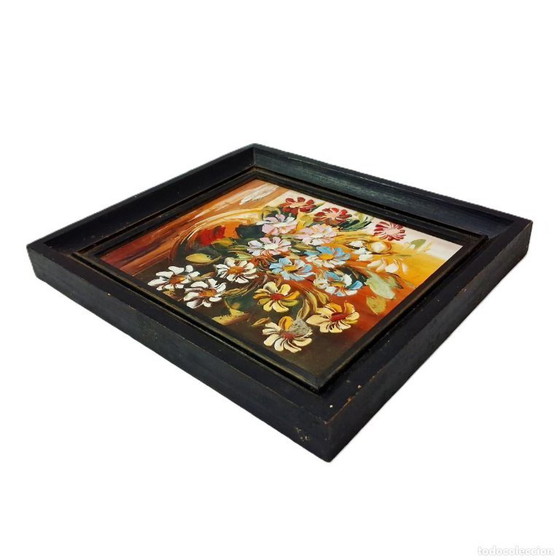 Image 1 of Dipinto a olio vintage con cornice – Natura morta floreale vibrante su pannello di fibra