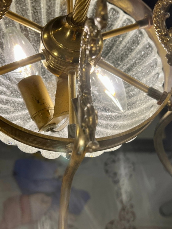 Uniek! Echte Art Nouveau Kroonluchter met glazen schaal en messing vis. Circa 1915 – Glass, Brass, Art Deco (photo 9 of 9)
