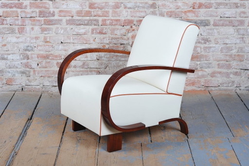 Gerestaureerde art-deco fauteuil, walnoothout, leer, gerestaureerde Poolse afwerking, Tsjechisch, jaren 1930 (photo 2 of 12)