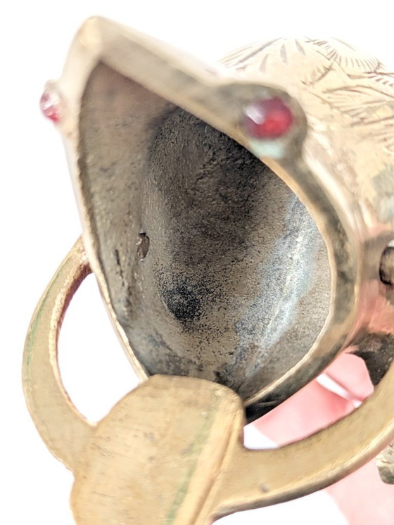 Image 1 of Midentury Vintage Brass Frog Figurine Trinket, Sculptural Quirky with Ruby Red Crystal Eyes