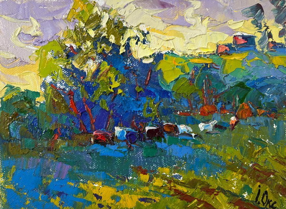 Image 1 of Peinture à l'huile originale, paysage d'été, nature, matin paisible