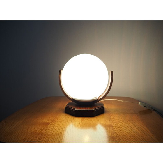 Image 1 of Vintage round table lamp in wood and glass, Czechoslovakia 1970