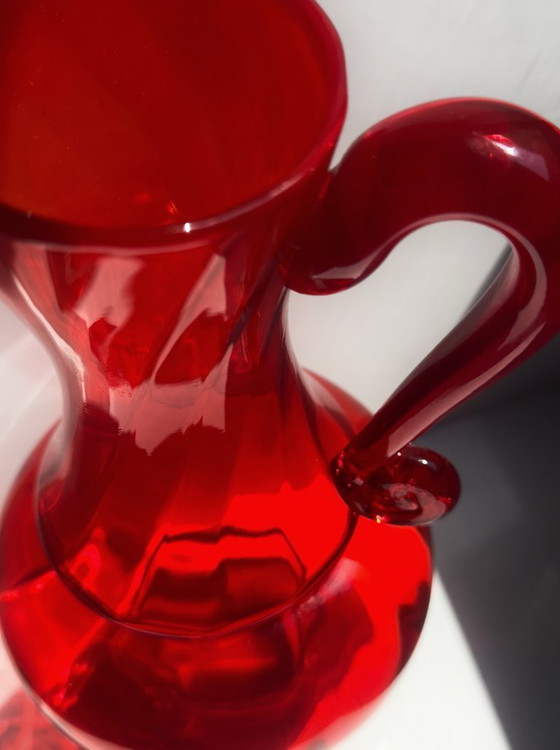 Image 1 of Polish Glass Carafe Ruby Glass Mid Century Szkła Ząbkowice Sodium Glass Ludwik Fiedorowicz 80s 70s Orange Red