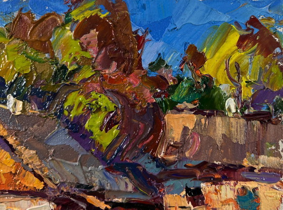 Image 1 of Original Oil Painting Village Day Landscape Village under the summer sky