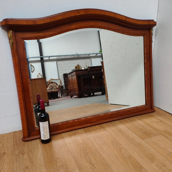 Image 1 of Antique mahogany facet-cut mirror, country-style mantel mirror with brass details.
