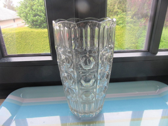 Image 1 of Large Tall Cubist Geometric Art Deco Style Cut Glass Vase  
