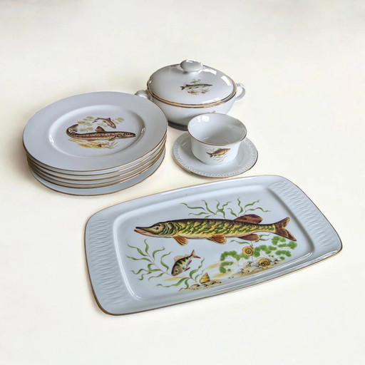 Rarität! Vintage Porzellan Geschirrset mit Fischmotiven & Goldrand | Hutschenreuther, Selb, Eschenbach | Handbemalt