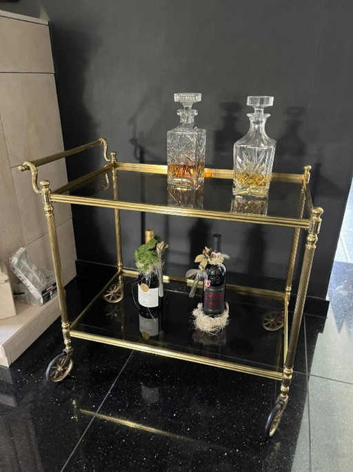 Elegante carrello bar/di servizio vintage in ottone e vetro – serveerwagens, Brass