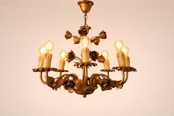 Image 1 of vintage Hans Kögl-style chandelier with rose and leaf motifs Florentine