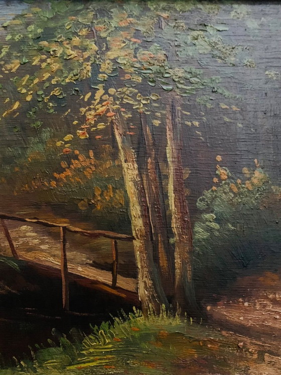 Image 1 of Tableau unique signé, pont dans la forêt. Avec cadre en bois.