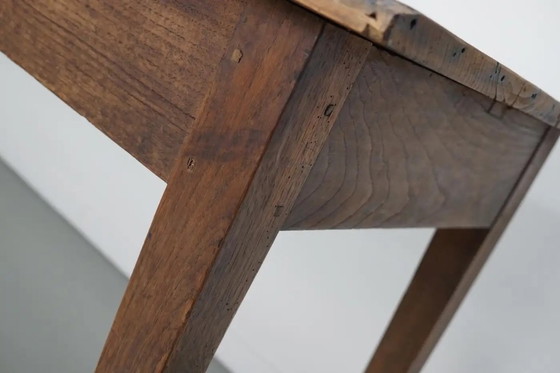 Image 1 of Antique French rustic farm table in light elm wood, 19th century