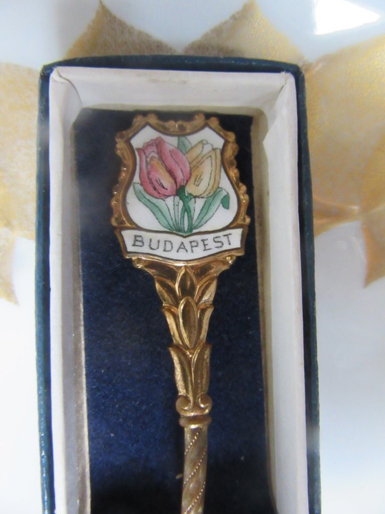 Image 1 of Vintage emaille en verguld gouden souvenirlepel met bloemenmotief uit Boedapest