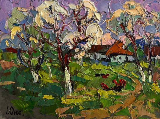 Image 1 of Original Oil Painting Day Village Landscape Spring scent of nature