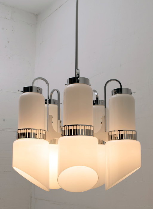 Vistosi Midcentury Italian Murano Glass and Steel "Incamiciato" Chandelier, 60s
