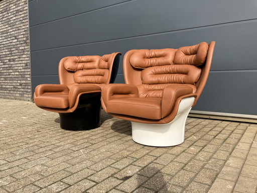 2x Joe Colombo Elda Stuhl, cognacfarbenes Leder, schwarzes oder weißes Fiberglas