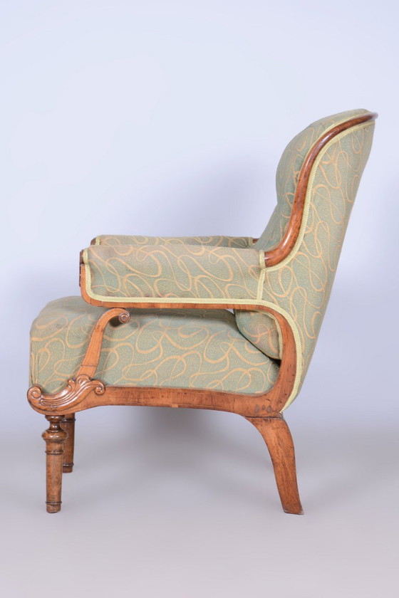 Fauteuil Biedermeier restauré, noyer, épicéa, hêtre, République tchèque, années 1830 – Textile, Wood (photo 8 of 13)