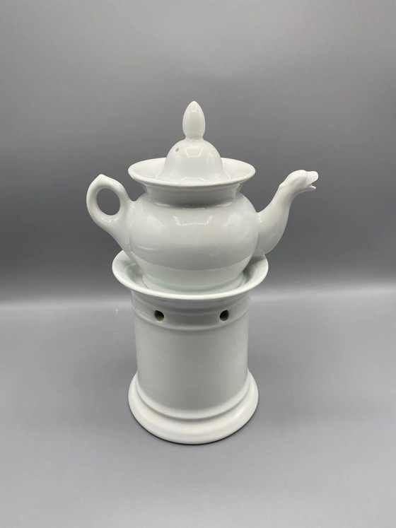 Complete White Porcelain Herbal Tea Set – Teapot, Warmer, and Cup – Circa – Crockery (photo 4 of 6)