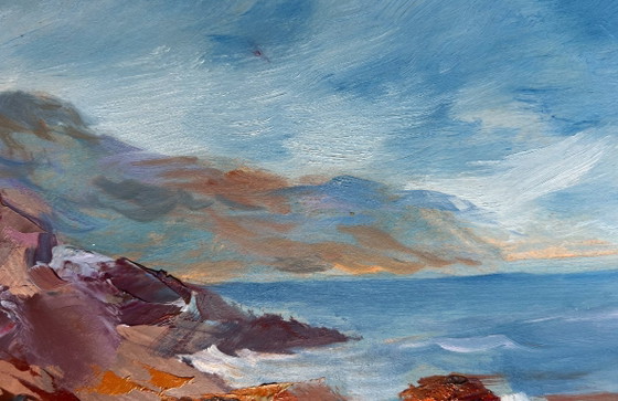 Image 1 of Original Oil Painting Sea Waves Landscape Sea waves are beating against the shore