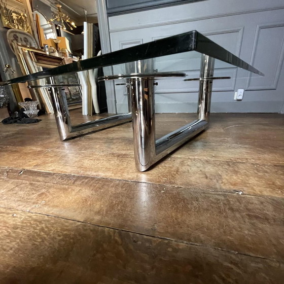 Grande table basse/de salon carrée italienne en acier tubulaire chromé, années 1970 – Livres d'art, Glass (photo 4 of 18)