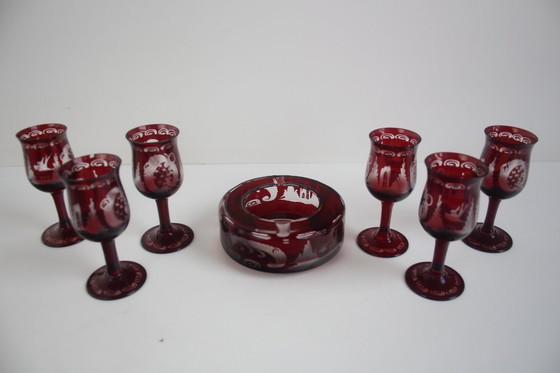 Image 1 of Antique Set of 36 pieces of Artistic cut Ruby red glass, Egermann, 1950's. 