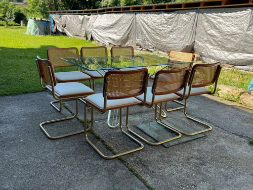 Conjunto de comedor italiano de latón con mesa y sillas, años 70, Set de 9
