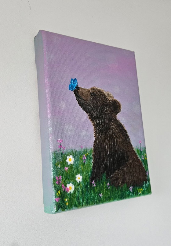 Image 1 of Handmade acrylic painting of a baby bear with a butterfly on its nose