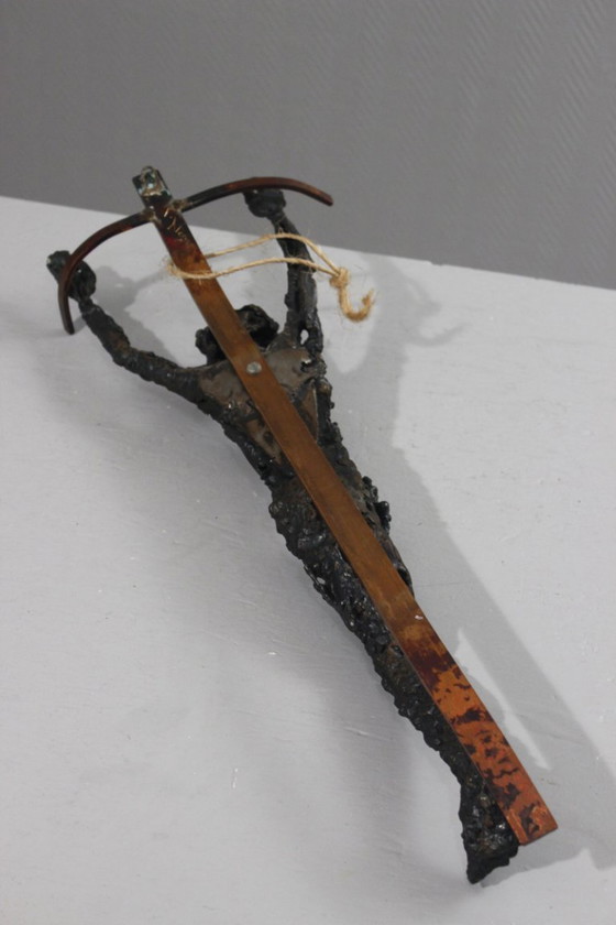 Image 1 of Brutalized crucifixion sculpture in welded iron, bronze, and copper, 1970s, signed
